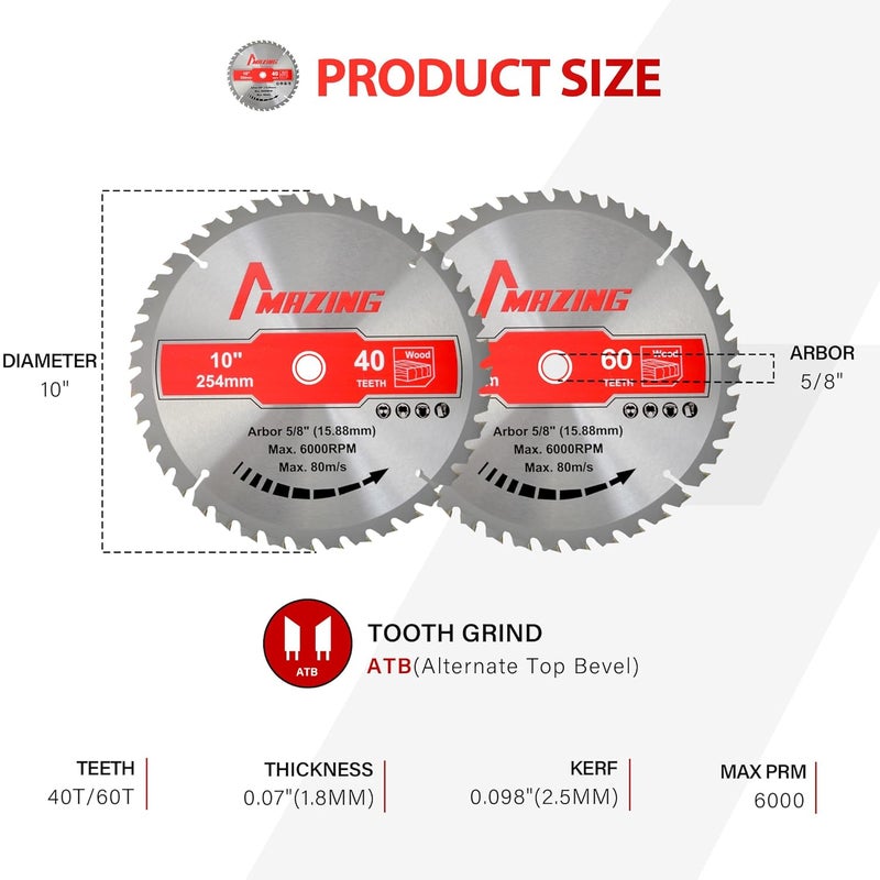 MAZING 2-Pack 10 Inch 40T&60T Circular Saw Blades, TCT Circular Miter & Table Saws Blades with 5/8 Inch Arbor, ATB Design for Woodworking, Fit for Cutting Plywood, Soft/Hardwood, Wood with Nails - Image 2